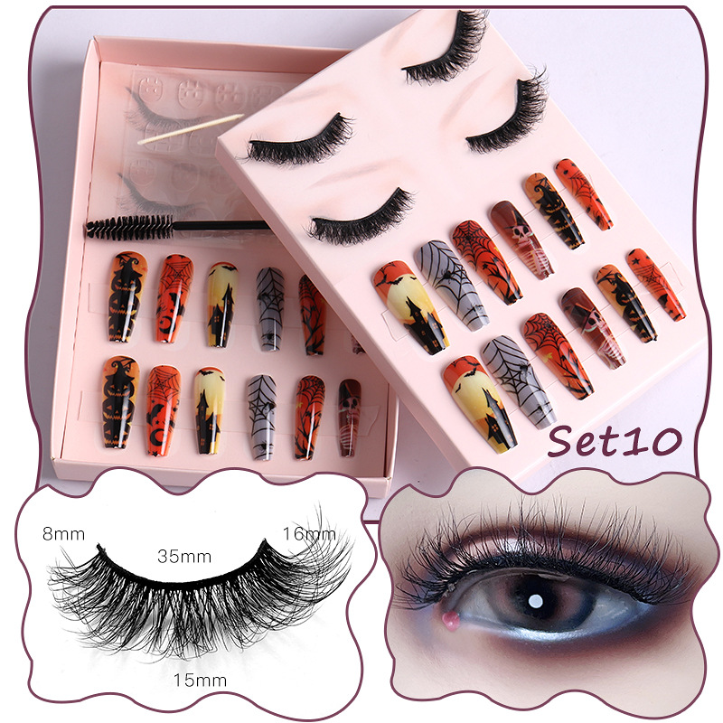 Women Multi Layer Thick Messy False Eyelashes Halloween Skull False Nail Set