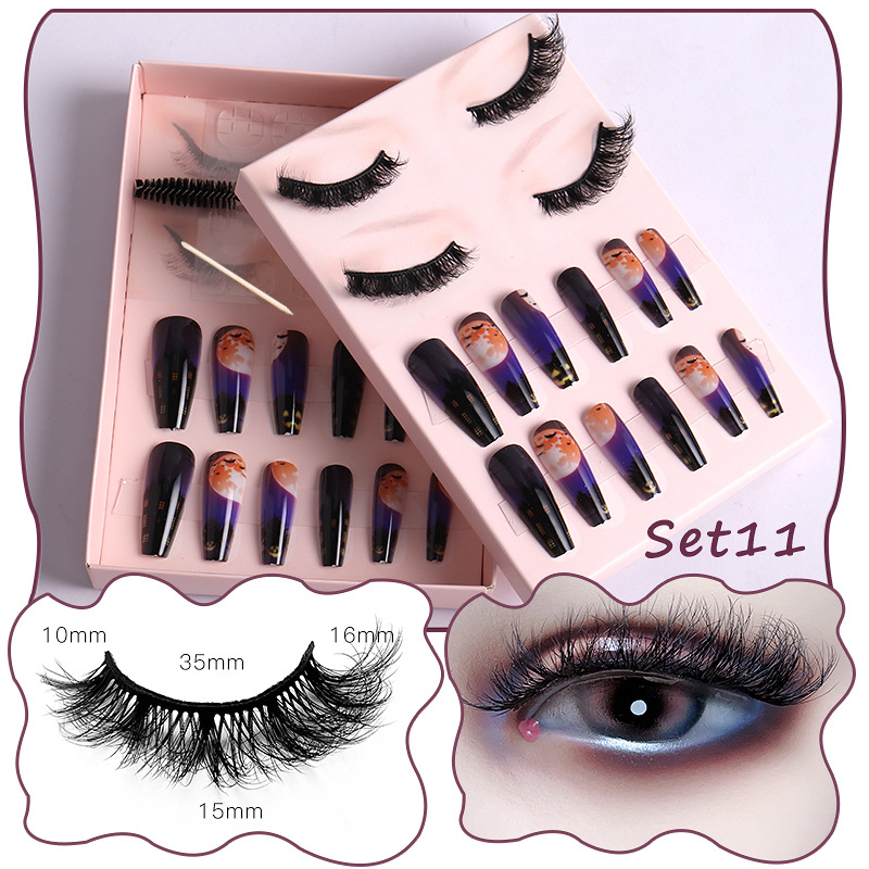 Women Multi Layer Thick Messy False Eyelashes Halloween Skull False Nail Set