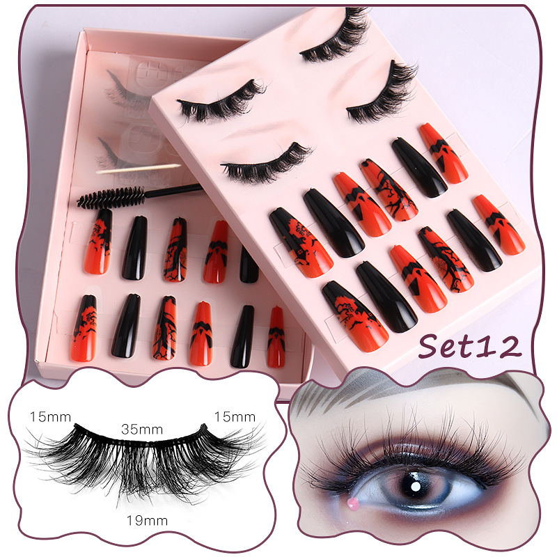 Women Multi Layer Thick Messy False Eyelashes Halloween Skull False Nail Set