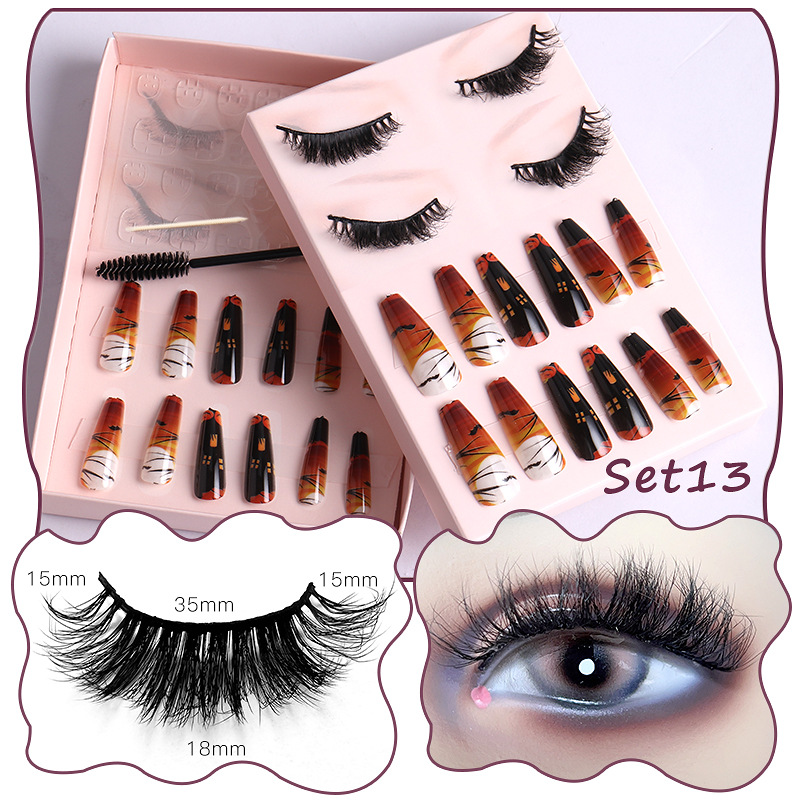 Women Multi Layer Thick Messy False Eyelashes Halloween Skull False Nail Set