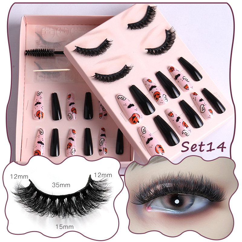 Women Multi Layer Thick Messy False Eyelashes Halloween Skull False Nail Set