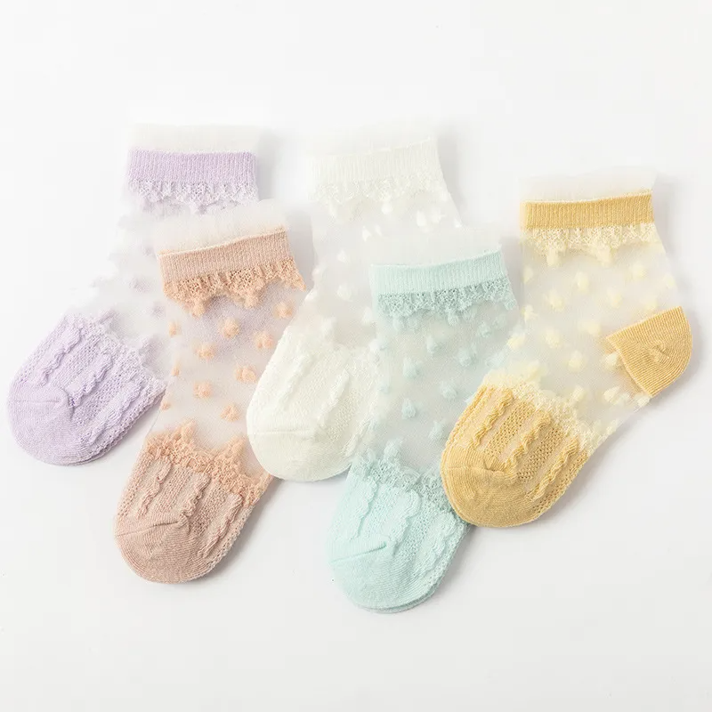 5pairs/Set Girls Sweet Lace Mesh Design Polka Dot Socks