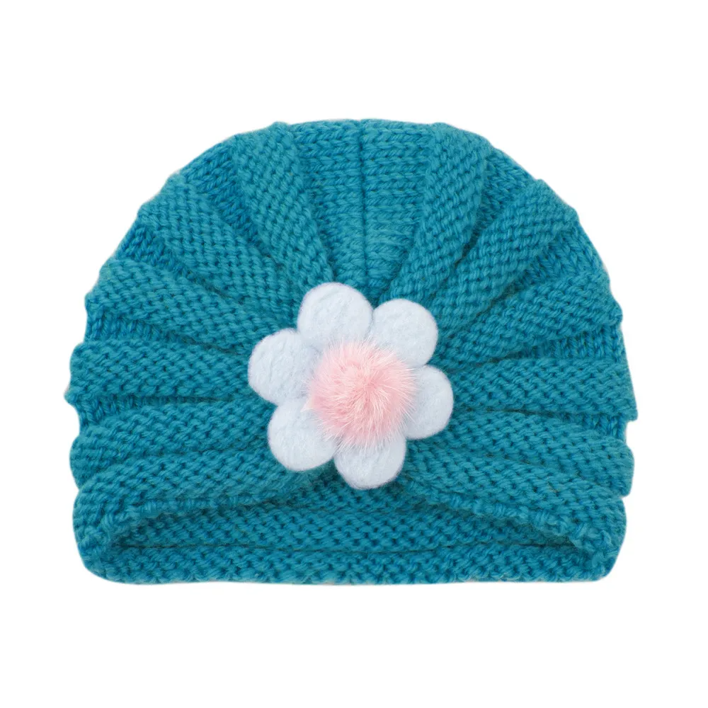 Kids Simple Solid Color Big Flower Warm Woolen Knitted Pullover Hat