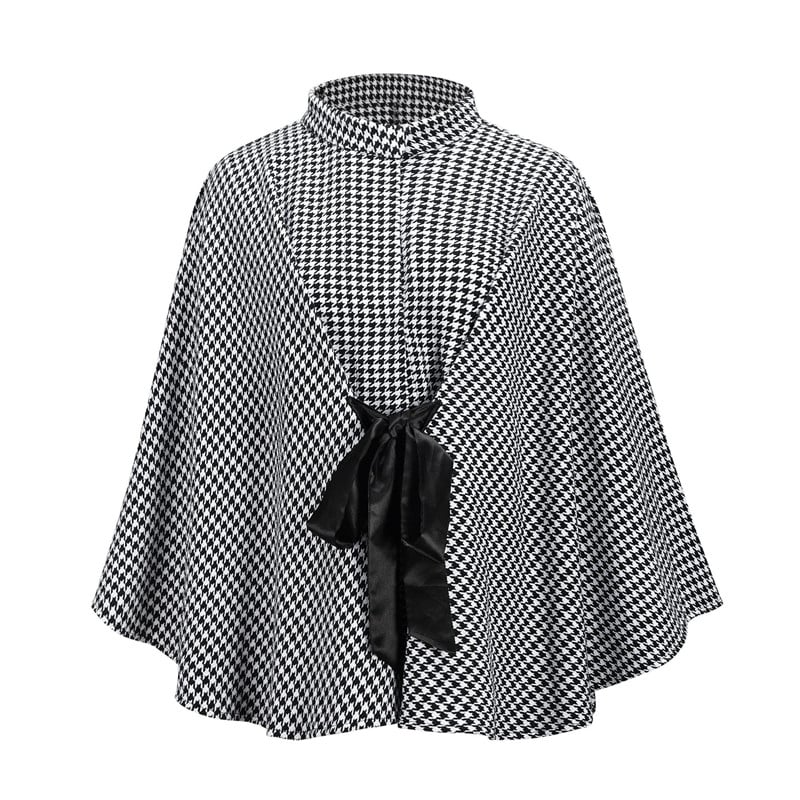 Women Creative Houndstooth Print Knotted Cloak Loose Coat