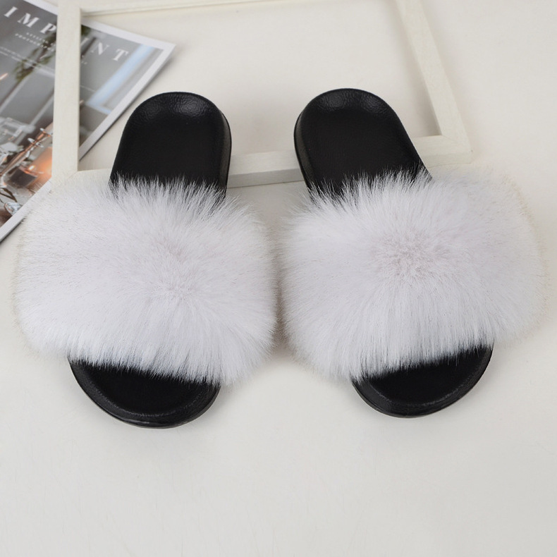 ( 2 pair ) Wholesale Women Winter Fashion Plus Size Faux Fox Fur Plush Flat Slippers