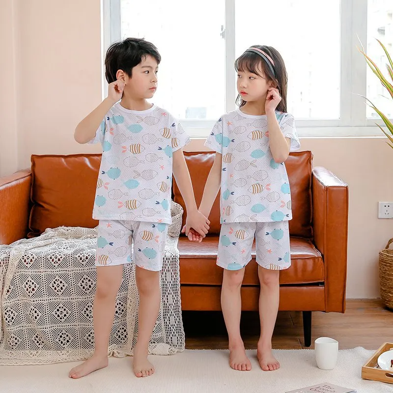 Children Kids Baby Fashion Girls Boys Basic Casual Short Sleeve Cartoon Print Top And Shorts 2pcs Set