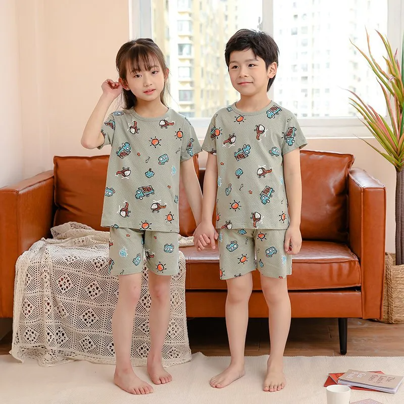 Children Kids Baby Fashion Girls Boys Basic Casual Short Sleeve Cartoon Print Top And Shorts 2pcs Set