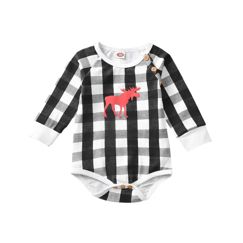 Kids Baby Boys Girls Christmas Deer Plaid Long Sleeve Round Neck Romper