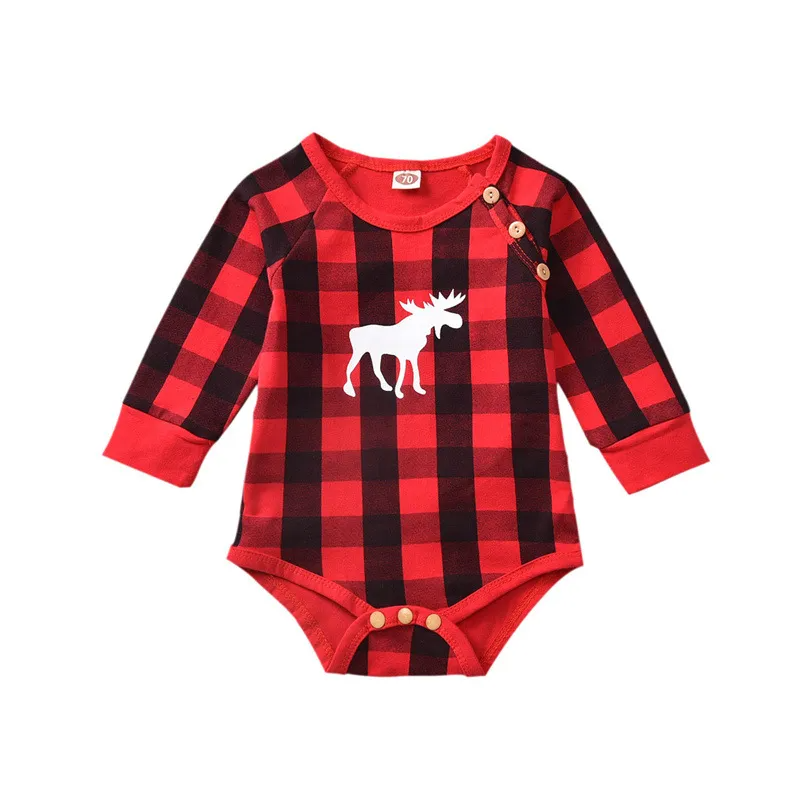 Kids Baby Boys Girls Christmas Deer Plaid Long Sleeve Round Neck Romper