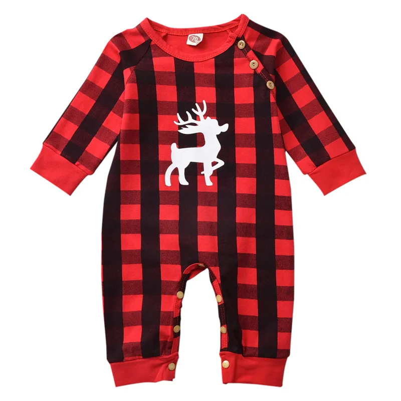 Kids Baby Boys Girls Christmas Deer Plaid Long Sleeve Round Neck Romper