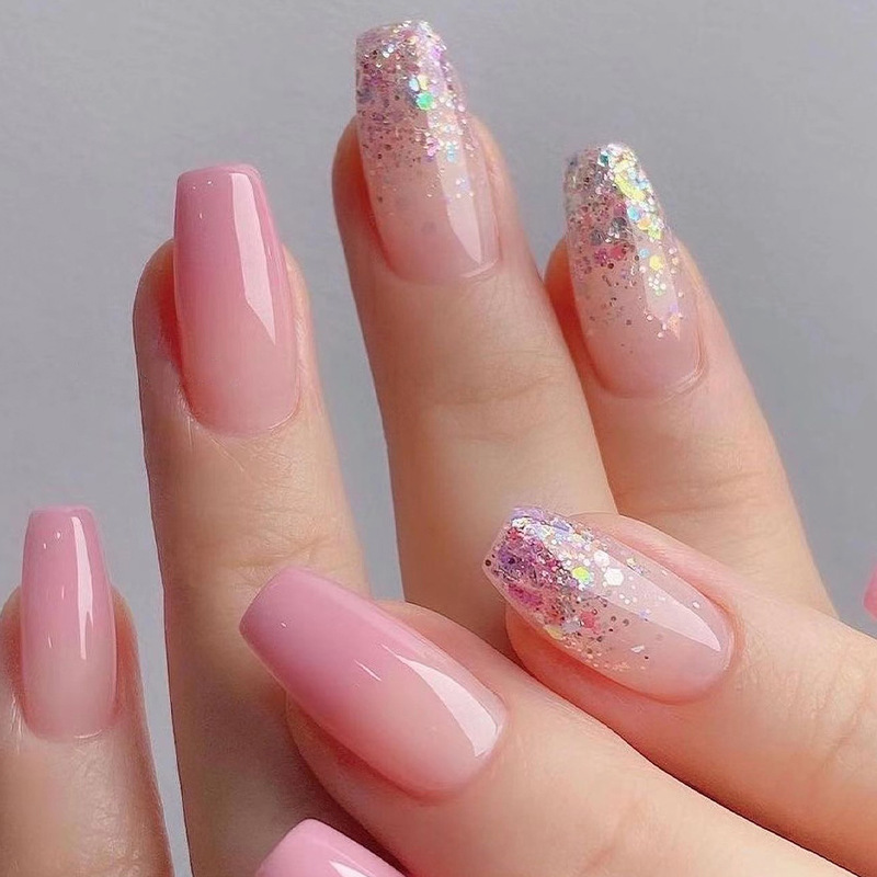 ( Buy 1 Get 2 ) Women Fashion Pink Gradient Sequins Wearable False Nails