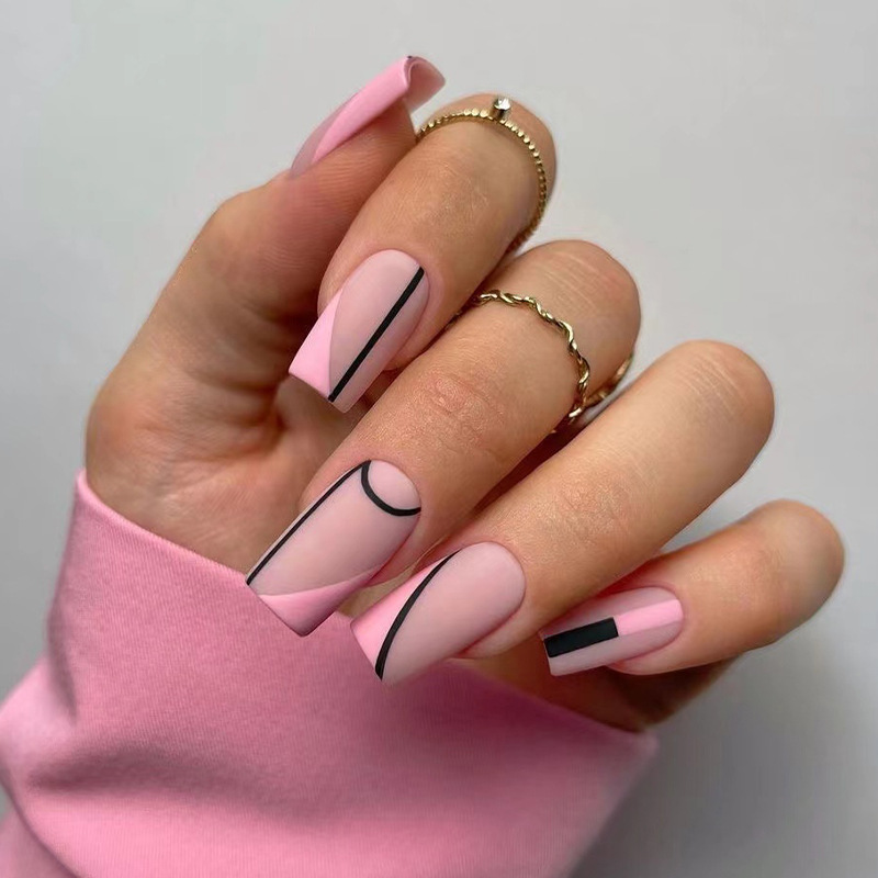 ( Buy 1 Get 2 ) Women Fashion Frosted Bevel Edge Pink Black Line Wearable False Nails