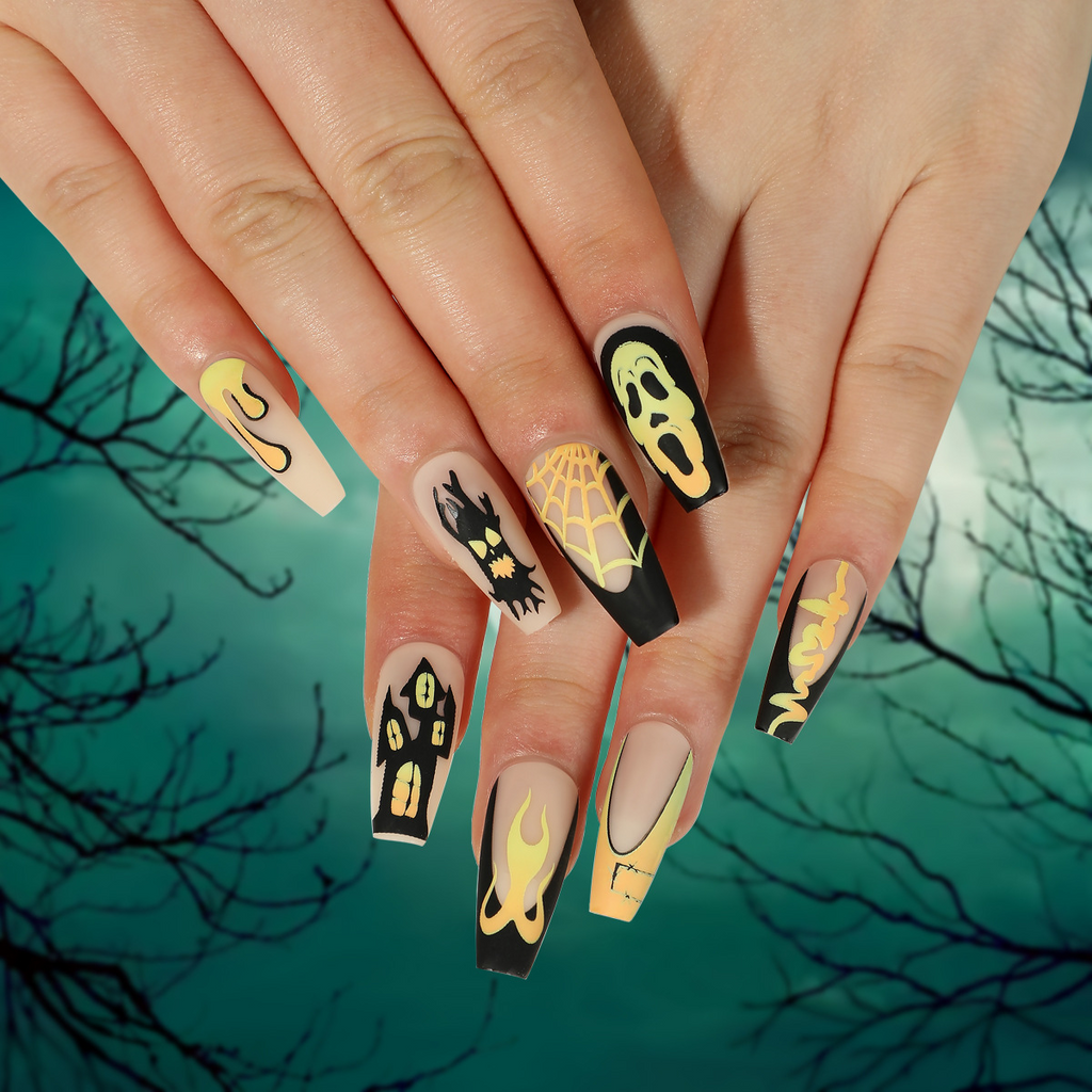 ( Buy 1 Get 2 ) Women Fashion Halloween Frosted Black Skull Spiderweb Wearable False Nails