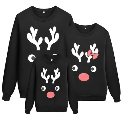 Christmas Cartoon Cute Antler Print Round Neck Long Sleeve Sweatshirt