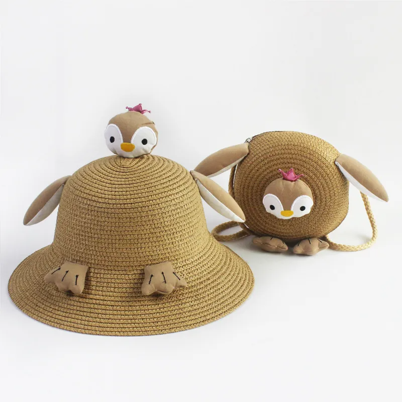 Children Kids Baby Fashion Girls Cartoon Penguin Woven Straw Shoulder Bag And Hat