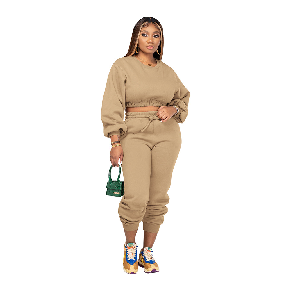 Women Simple Athleisure Casual Solid Color Round Neck Loose Long Sleeve Sweatershirt And Pants Fashion Basic Two Pieces Set