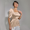 Summer Fashion Elegant Women Slim Fit Solid Color Satin Square Neck Defined Waist Irregular Hemline Blouse