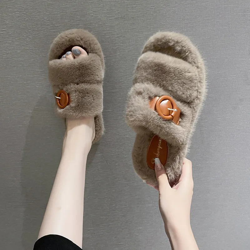 Autumn Winter Women Fashion Plus Size Belt Buckle Plush Warm Home Slippers