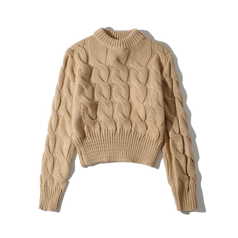 Casual Autumn Winter Solid Color Braided Long Sleeve Cropped Knitted Sweater