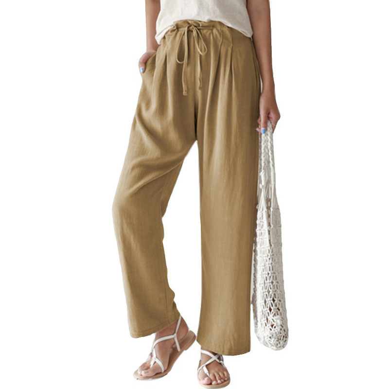 Women'S Fashion Casual Cotton Linen Loose Elastic-Waist Straight Leg Trousers