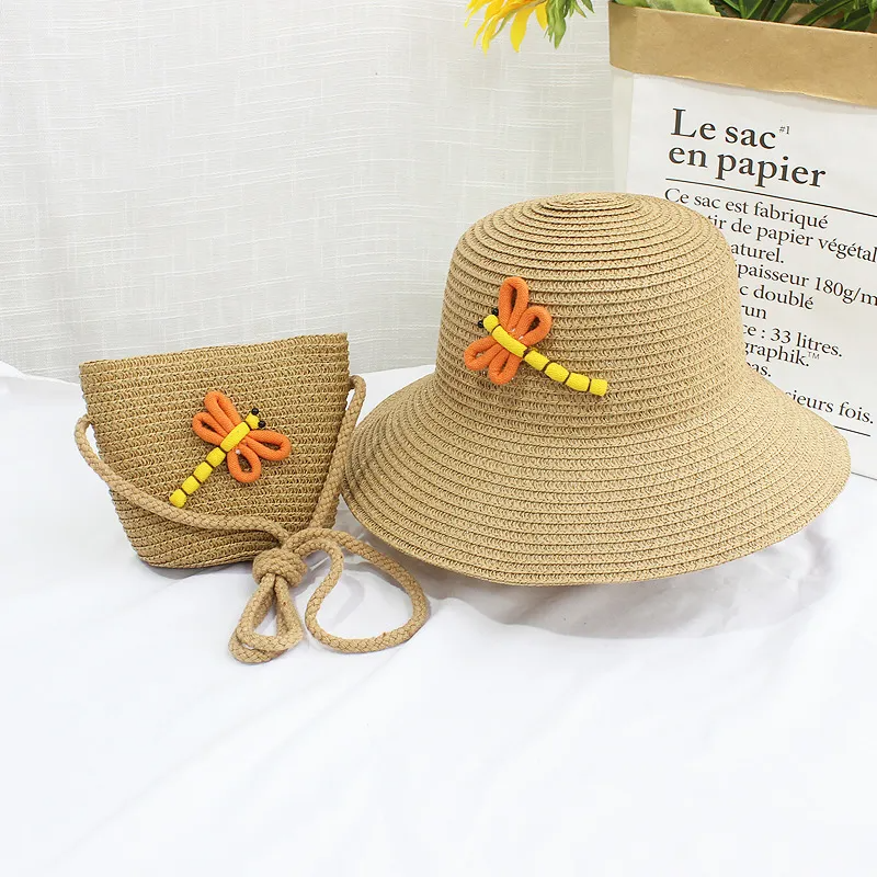 Kids Fashion Beach Shade Sunscreen Straw Hat Dragonfly Straw Bag Set