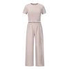 Women Summer Casual Solid Color Short Sleeve Top And Wide Leg Trousers Two-Piece Set