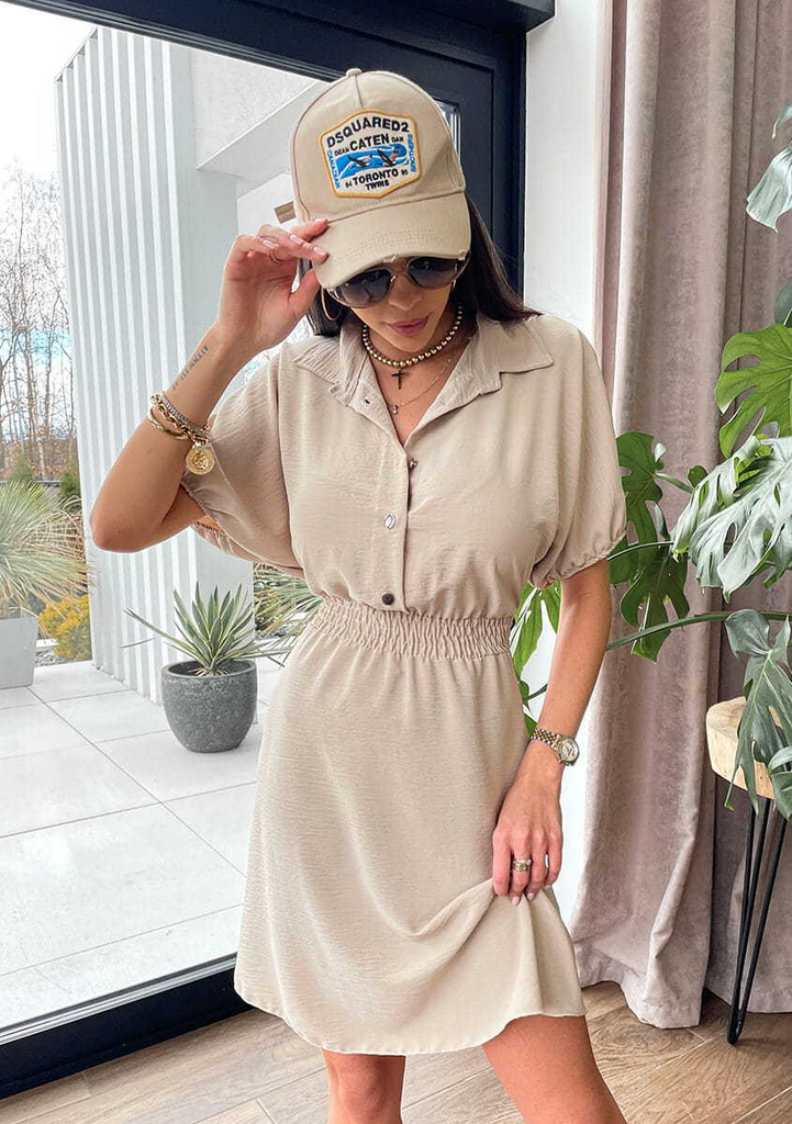 Women Fashion Casual Solid Color Lapel Single-Breasted Short Sleeve Dress