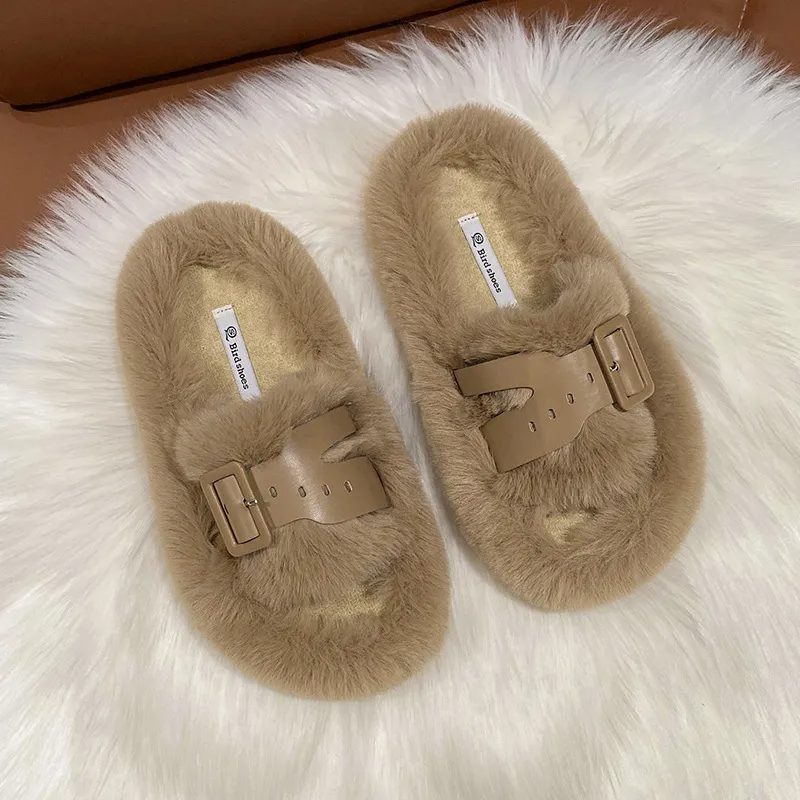 Autumn Winter Women Fashion Solid Color Plush Belt Buckle Round Toe Flat Home Slippers