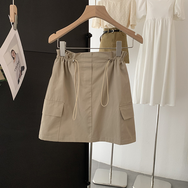 Women Fashion Summer Solid Color Pocket Drawstring High Waist A-Line Skirt