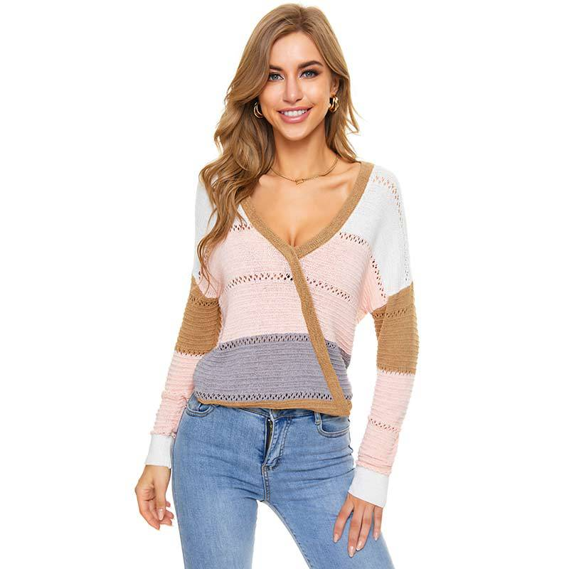 Women Casual Loose V-Neck Color Blocking Knitted Sweater