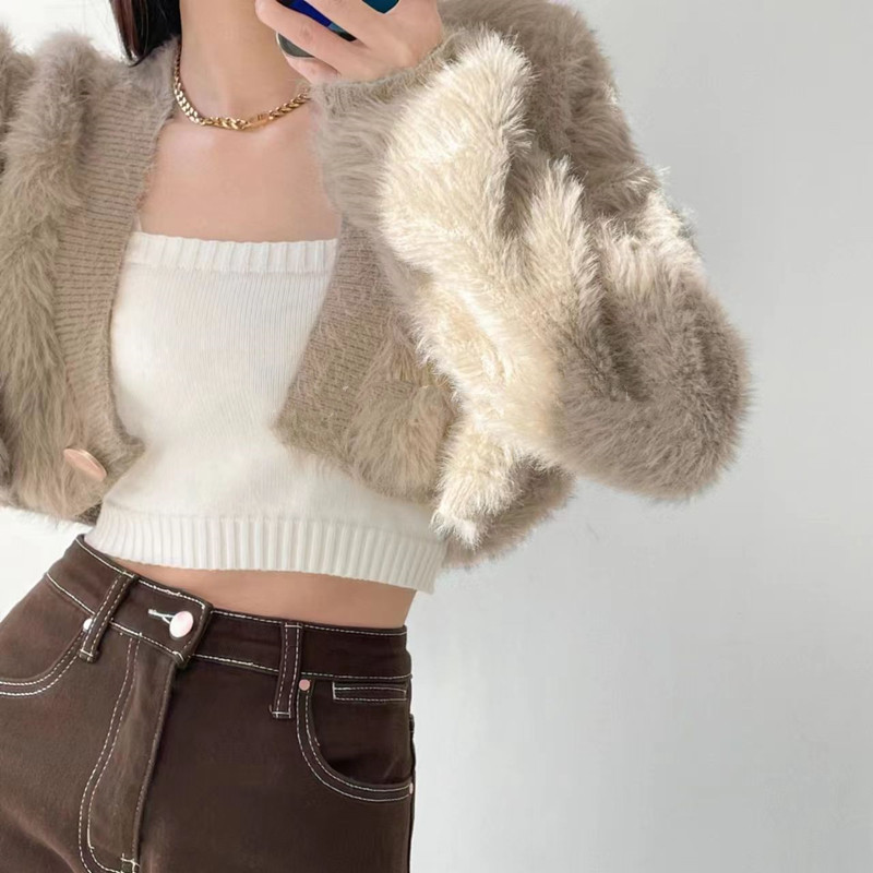 Fashion Women Solid Color Sweet Plush Loose Knitwear Cardigan