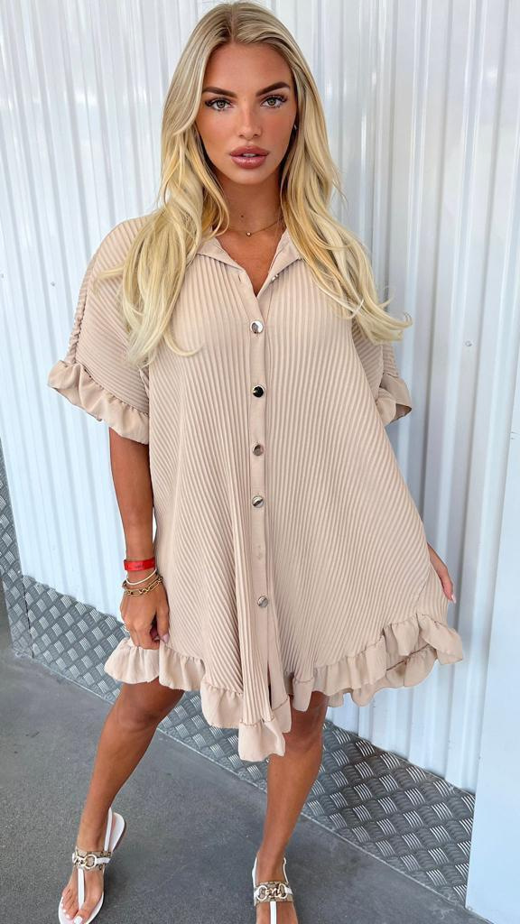 Casual Fashion Women Solid Color Ruffled Short Sleeve Loose Shirt Dress