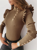 Women Casual Ruffled Long-Sleeved Solid Color Rib-Knit Knitted Top