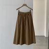 Women Summer Washed Coconut Buckle Basic Solid Color Semi-Elastic High Waist A-Line Skirt