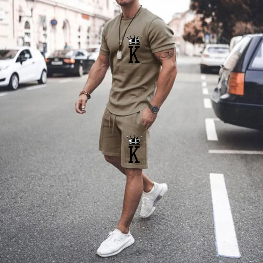 Men Basic Short Sleeve Round Neck Letter Printed T-Shirt And Drawstring Waist Shorts Two-Piece Set