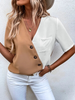 Women Casual Summer Chiffon V-Neck Fashion Color Blocking Short-Sleeved Blouse