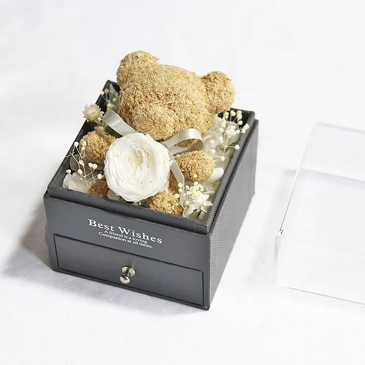 (Buy 1 Get 1) Valentine Day Immortal Rose Bear Drawer Necklace Ring Jewelry Box