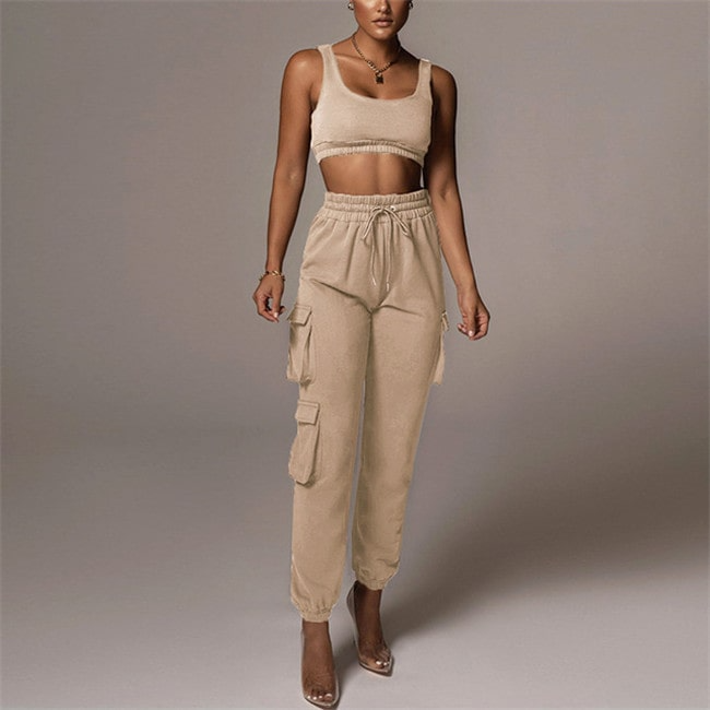 Women Fashion Sport Solid Color Tank Top And Pants Two Pieces Set