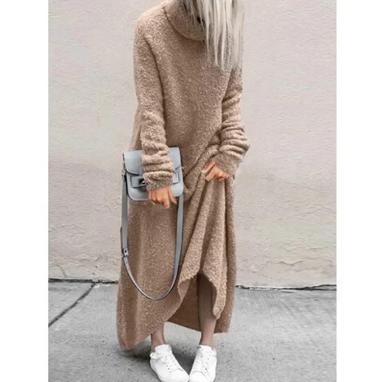 WomenAutumn And Winter Fashion Casual Plush Solid Color High Collar Long Sleeve Maxi Dress