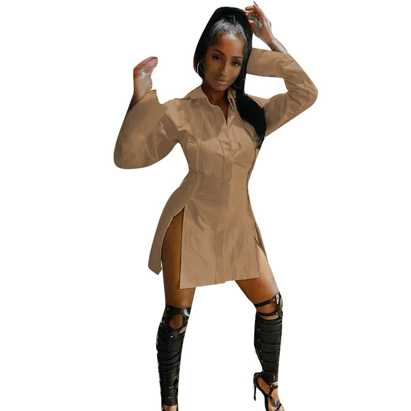 Women Fashion Solid Color Lapel Side-Slit Shirt Dress