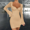 Women Fashion Sexy Solid Color Flared Long Sleeve Tight Dress