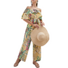 Women Fashion Vacation Leaf Printed Off-Shoulder Ruffles Holiday Defined Waist Fashion Casual Wide-Leg Jumpsuit