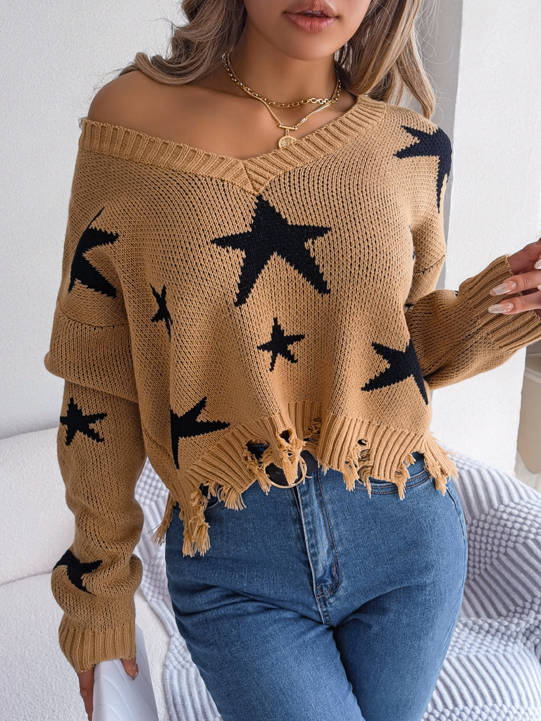 Women Fashion Casual V-Neck Star Hole Long Sleeve Knitted Sweater