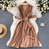 Women Casual Elegant Dot Printed Short Sleeves V-Neck Waist Belt Creased Mid-Length Dress