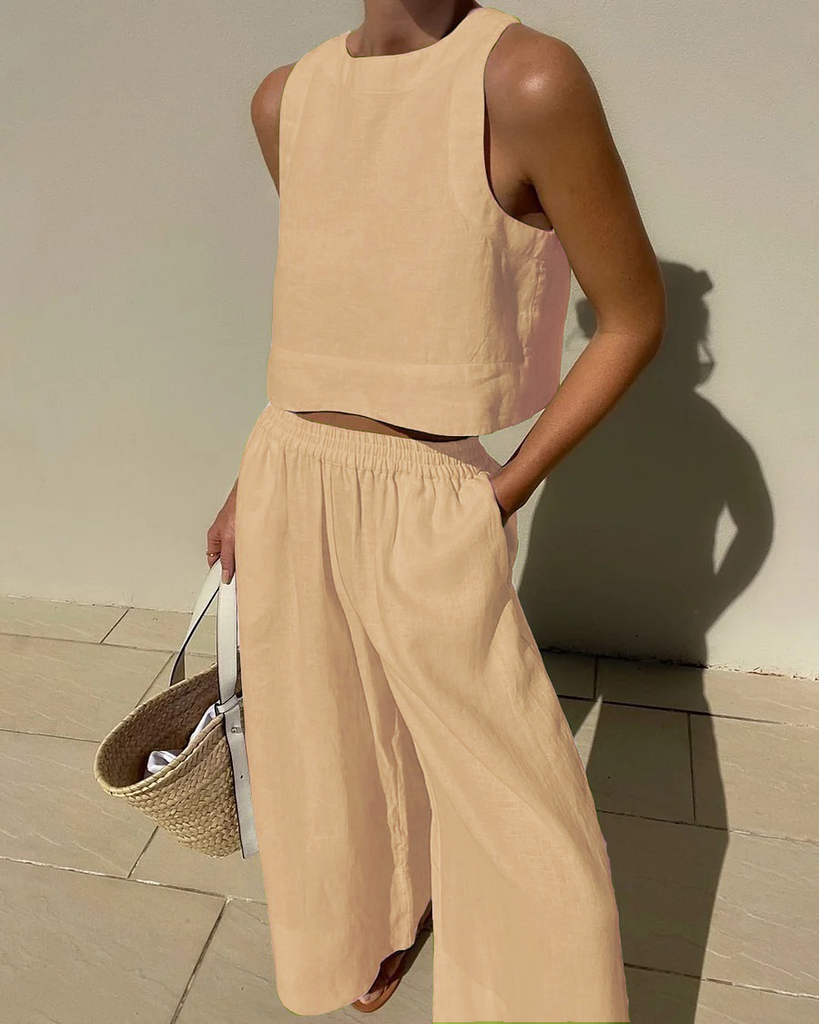 Women Summer Vacation Casual Loose Solid Color Sleeveless Top Wide Leg Pants Two Piece Set