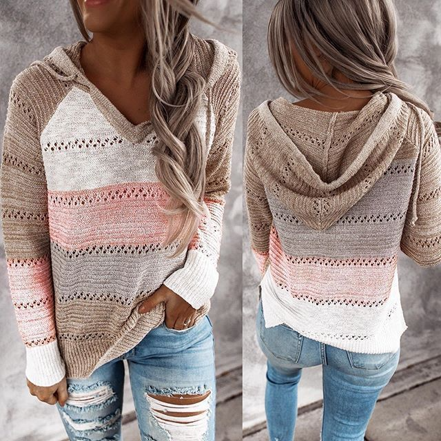 Women Casual Loose V-Neck Hollow Pullover Stripe Hooded Knitted Sweater