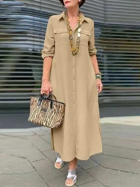 Women Ramadan /Eid Fashion Casual Solid Color Long Sleeve Button Laps Plus Size Dress