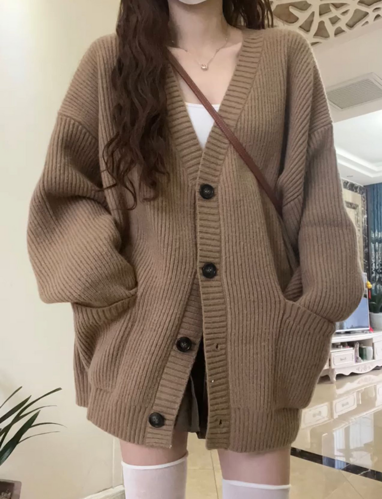 Women Fashion Simple Lazy Style V-Neck Cardigan Sweater Knitted Jacket