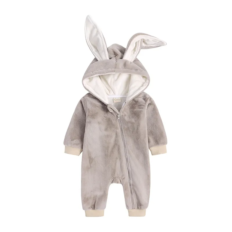 Kids Baby Boys Girls Autumn Winter Casual Cute Solid Color Rabbit Ears Fleeces Long Sleeve Hooded Bodysuit