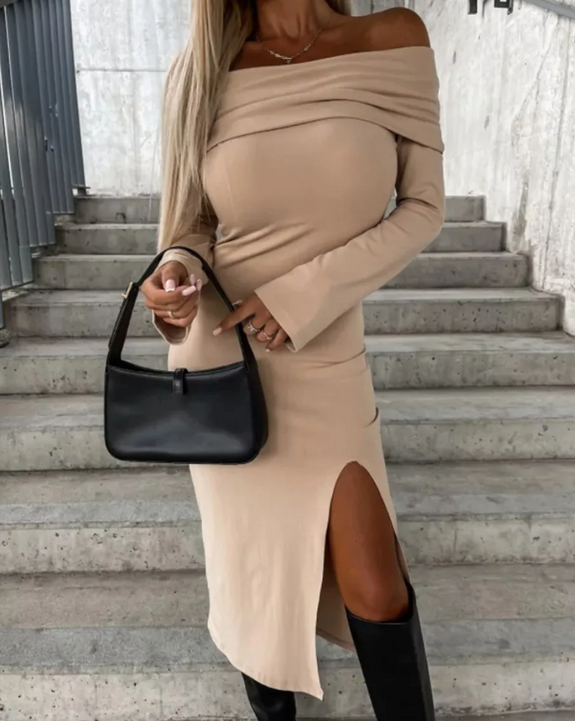 Women Fashion Solid Color Off Shoulder Long Sleeve Split Dress